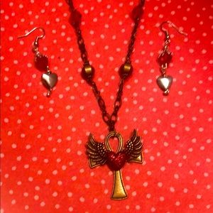 Easter Cross Wings Heart Necklace With Earrings